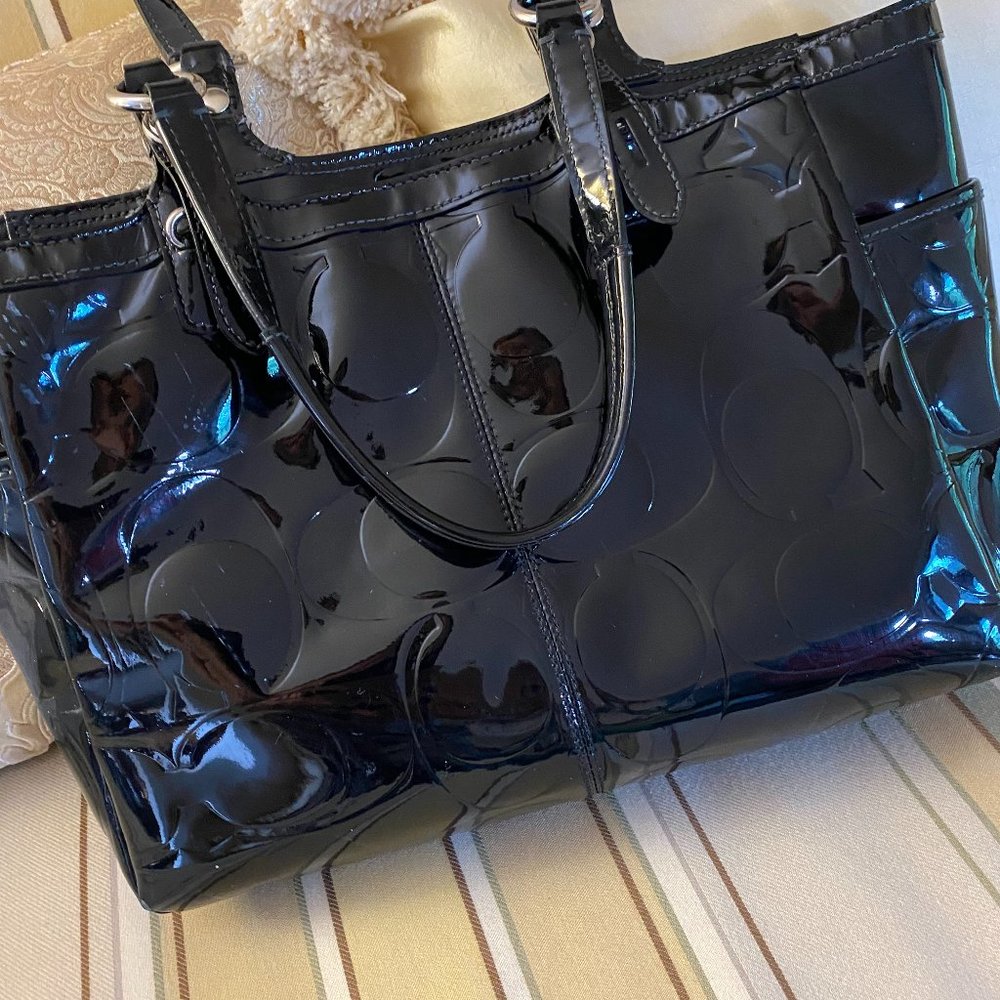 Coach Black Signature Embossed Patent Leather Satchel Shoulder Bag